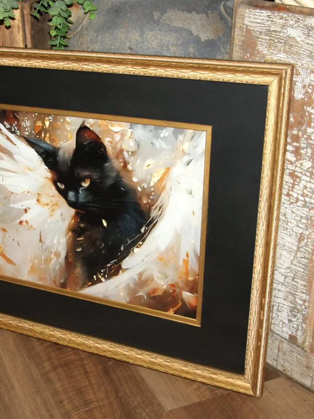 Large Dark Moody Gothic Victorian Black Cat w/Wings Wall Art in VTG Gold Frame